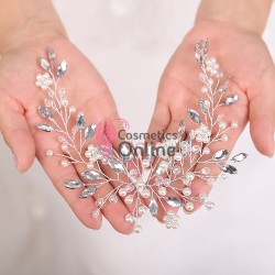 Accesoriu elegant pentru decor par AP010GG Argintiu cu cristale si perle + 2 agrafe